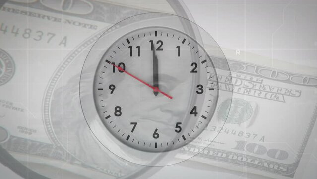 Animation of digital clock over 100 dollar bill on table been inspecting through magnifying glass