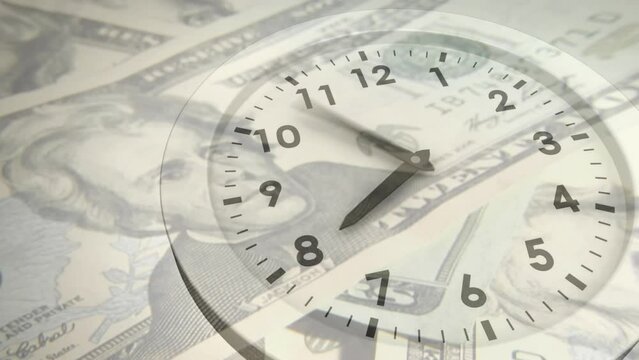 Animation of clock over dollar banknotes on white background