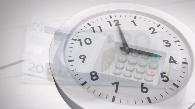 Animation of clock over payment terminal and euro banknotes on white background