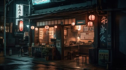 Naklejka premium Foodie Adventures: Exploring Japan's Ramen Houses at Night, GENERATIVE AI