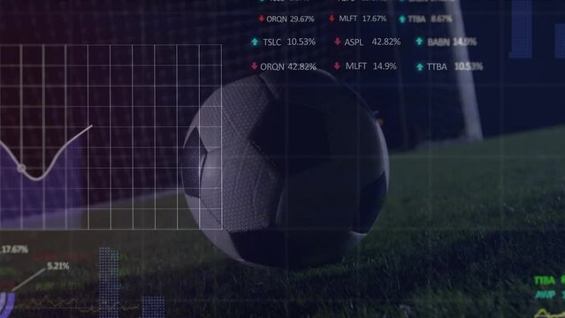 Animation of financial data processing over football player kicking ball at stadium