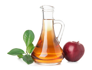 Jug of fresh apple cider vinegar and fruit isolated on white background