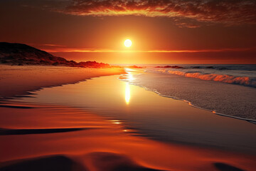 Fototapeta na wymiar a peaceful beach with the sun setting over the ocean, casting a warm orange glow over the water - Generative AI