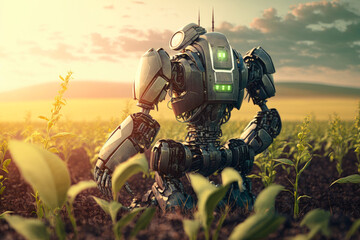 a robotic farmer tending to a field of crops - Generative AI