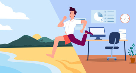 Man hurry to rest. Young guy runs from office to sea. Overworked employee on vacation in tropical and exotic country. Office worker running from workplace to summer. Cartoon flat vector illustration