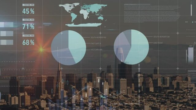 Animation of data processing and world map over cityscape