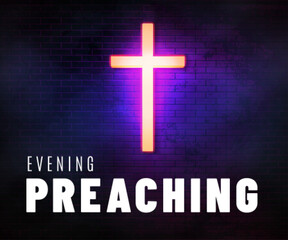 Fototapeta premium Evening preaching background. Christian cyberpunk web banner with glowing neon cross.