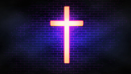 Cinematic cyberpunk christian wide banner with a holy shrine of a neon glowing cross