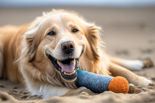 dog pet labrador on the seashore resting on the sandy beach after a walk Generative AI