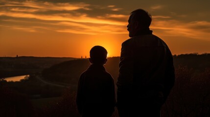 Fototapeta na wymiar Sunset Silhouettes: A Father and Son's Timeless Bond Golden hour best moments, GENERATIVE AI