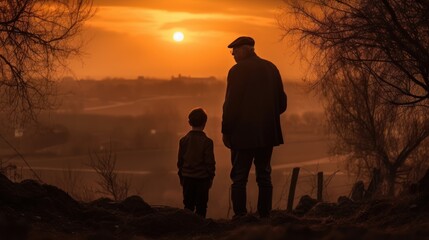 Fototapeta na wymiar Sunset Silhouettes: A Father and Son's Timeless Bond Golden hour best moments, GENERATIVE AI