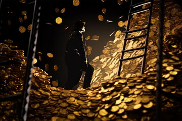 silhouette man on golden coins room with ladder, financial responsibility, debt hole. Generative AI