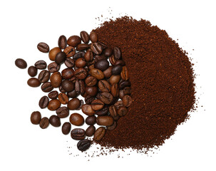 Coffee powder and beans isolated on white background