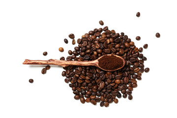 Wooden spoon with coffee powder and beans isolated on white background