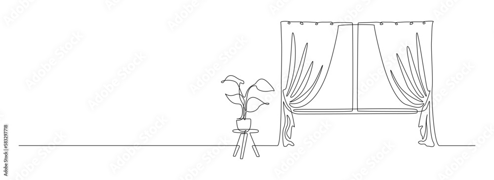 Leinwandbilder One continuous line drawing of window with curtains and table with home plant. Concept of living room interior with draped cloth in simple linear style. Editable stroke. Doodle vector illustration
