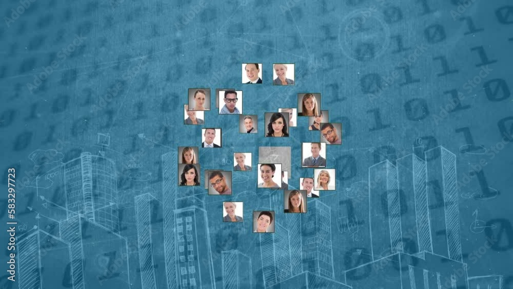 Poster animation of data processing and diverse business people over binary coding