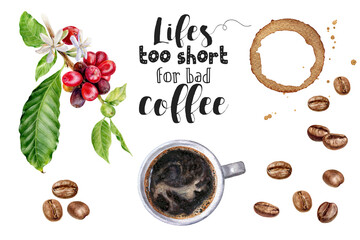 Watercolor illustration of coffee and desserts close up. A hand-drawn set of drinks, coffee and desserts. Design template for packaging, menu, postcards