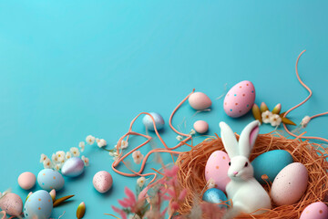 An adorable rabbit in a nest of easter eggs, Easter with family