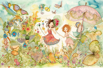 Two girls in a whimsical garden, watercolor, Generative AI, Generative, AI