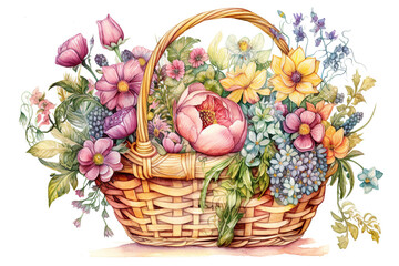 Obraz na płótnie Canvas A basket full of flowers watercolor, Generative AI
