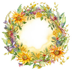 Naklejka na ściany i meble A wreath of summer flowers watercolor, Generative AI