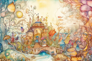 Obraz na płótnie Canvas Whimsical house in a whimsical forest, watercolor, Generative AI, Generative, AI