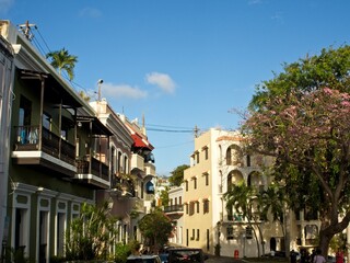 Fototapeta na wymiar Colorful buildings line the cobblestone streets of Old San Juan, Puerto Rico