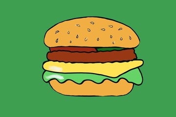 Hand drawn delicious cheesburger illustration on green background