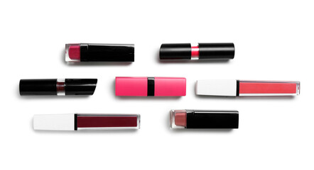 Obraz premium Composition with different lipsticks on white background