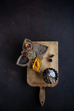 Spices on a cutting board 