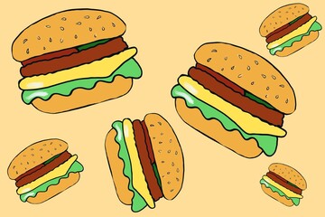 Hand drawn burgers on beige background illustration