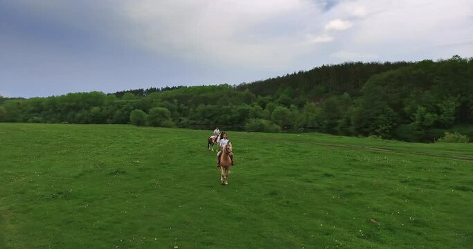 Man and woman riding horses in the field. Romantic date in the beautiful nature in summer.