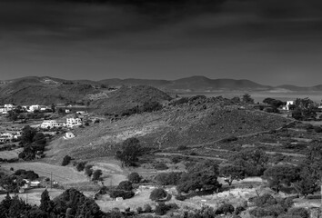 view  of Patmos island from Chora,  town of Skala, the main port. Dodecanese island, Greece