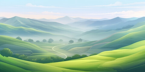 Green background illustration with mountains and fields