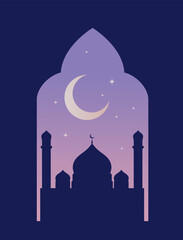 Ramadan kareem vector illustration. Islamic greeting card, poster, banner. Mosque silhouette and crescent background with frame. Eid mubarak