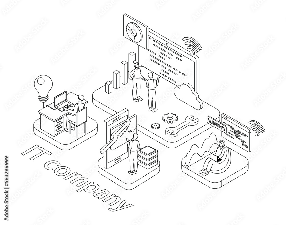 Poster it company line. men and women write code and develop programs, software and applications. minimalis