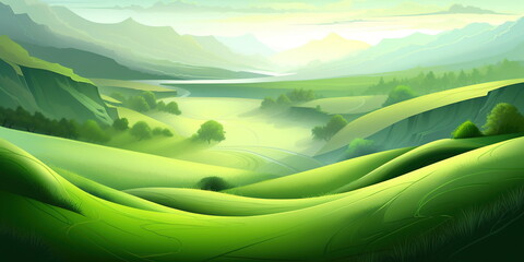 Obraz premium Green background illustration with mountains and fields
