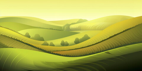 Green background illustration with mountains and fields
