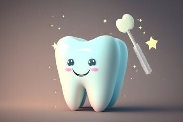 Wallpaper Illustration and background of cute and adorable tooth. Front view. Concept of pediatric dentistry, dentist of child. Generative AI.
