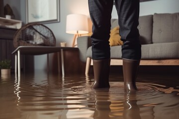 Man mit Gummistiefel steht in einem überfluteten Haus - Generative AI - 583300985