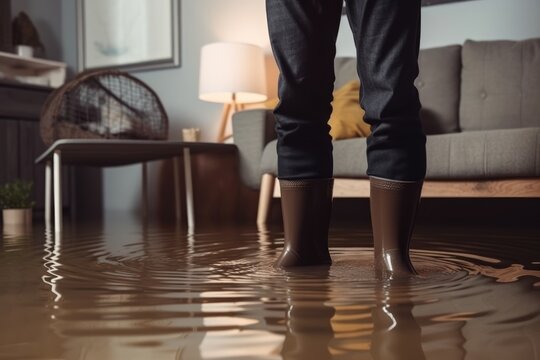 Man mit Gummistiefel steht in einem überfluteten Haus - Generative AI
