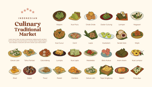 Isolated set of indonesian culinary traditional market snack food hand drawn illustration