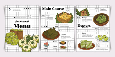 Restaurant Menu layout idea with Indonesian traditional culinary hand drawn illustration