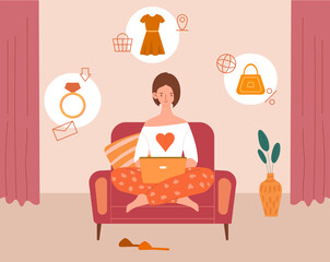 Online shopping concept. Woman sits on chair with laptop and buys jewelry and clothes. Home delivery and modern technologies. Online payment from an electronic wallet. Cartoon flat vector illustration
