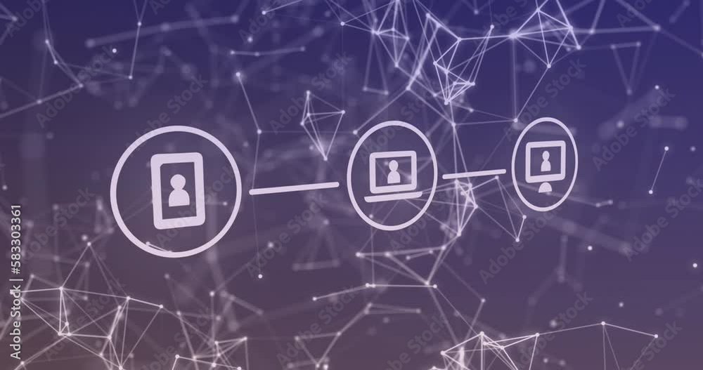 Poster animation of icon in circles over connected dots forming geometric shapes on gradient background