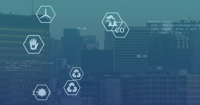 Animation of icon in hexagons and computer knowledge over modern city in background