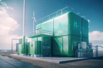Obraz premium Hydrogen factory concept. Hydrogen production from renewable energy sources. ai generative.