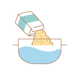 Cooking porridge in pan. Pour grain from carton into cookware with boiling water. Stages of preparation, information and online learning. Cartoon flat vector illustration