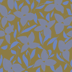 vintage hand painted floral seamless repeating pattern, blue flowers on mustard background. design...