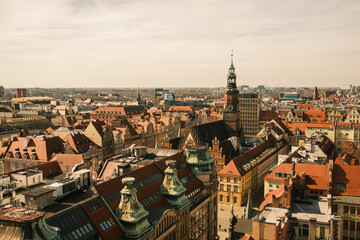Fototapeta na wymiar Top panorama view over an old, medieval city. Old town. Wrocław, Poland